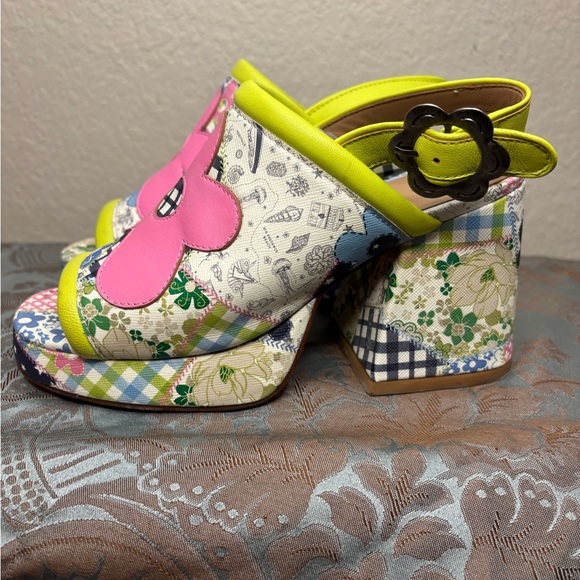 John Fluevog Picnic Riverdale Patchwork Slingback Platform Heels Size 8 - Picture 5 of 11